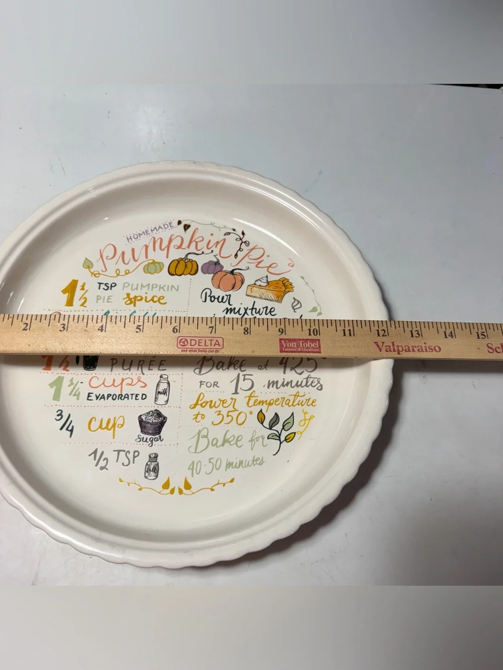 Ceramic Pumpkin Pie Recipe Plate - White with Orange, Green, Purple, Gold Acc